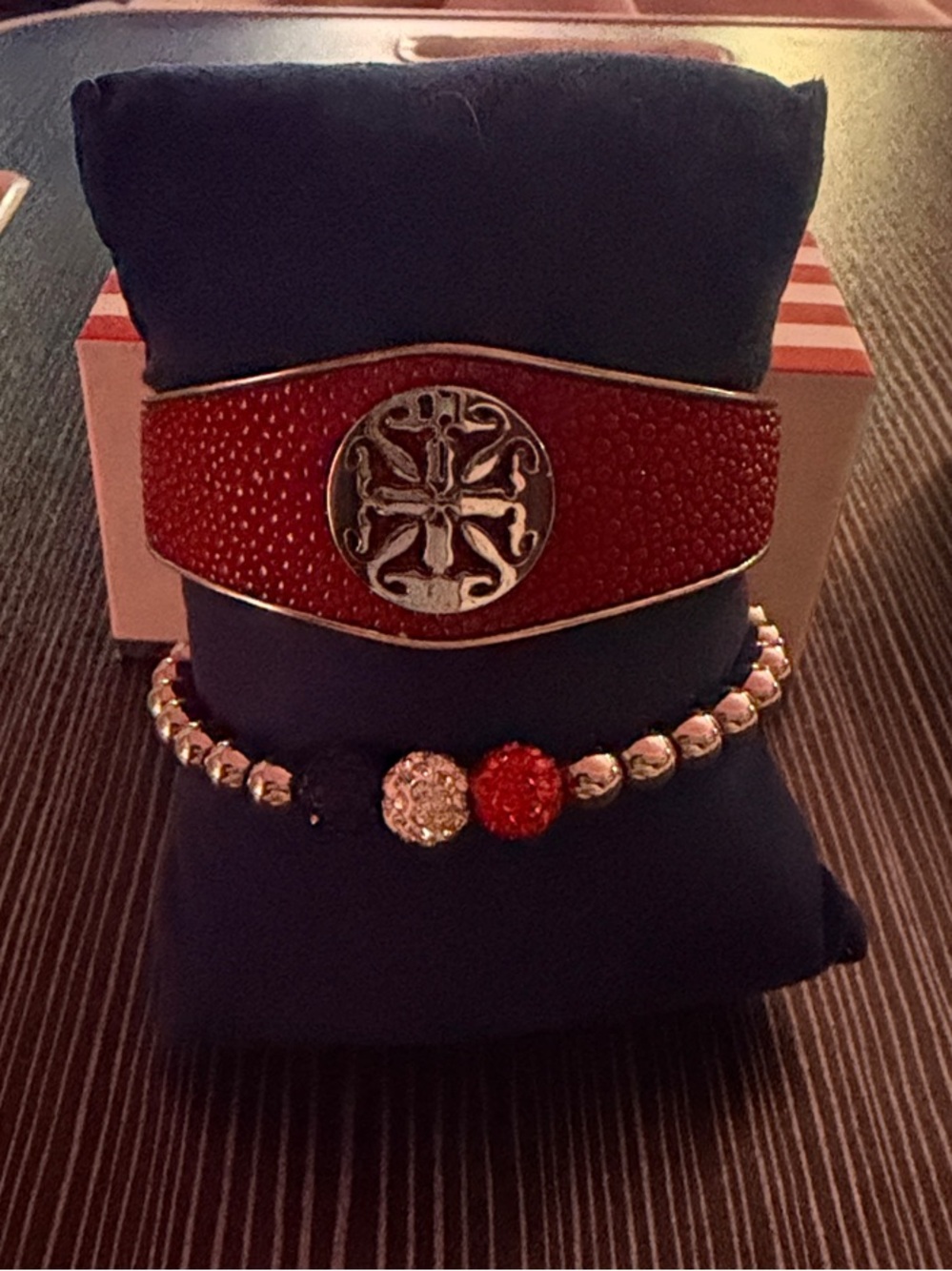 Rustic Cuff Red Leather Cuff Bracelet with Silver Medallion and Beaded Accent